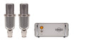 Two silver condenser microphones and a matching silver control box with an on/off toggle switch and orange indicator light.
