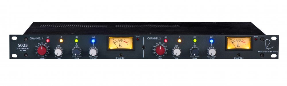 Front view of a black Rupert Neve Designs 5025 Dual Shelford Mic Pre with knobs, switches, and two illuminated VU meters.