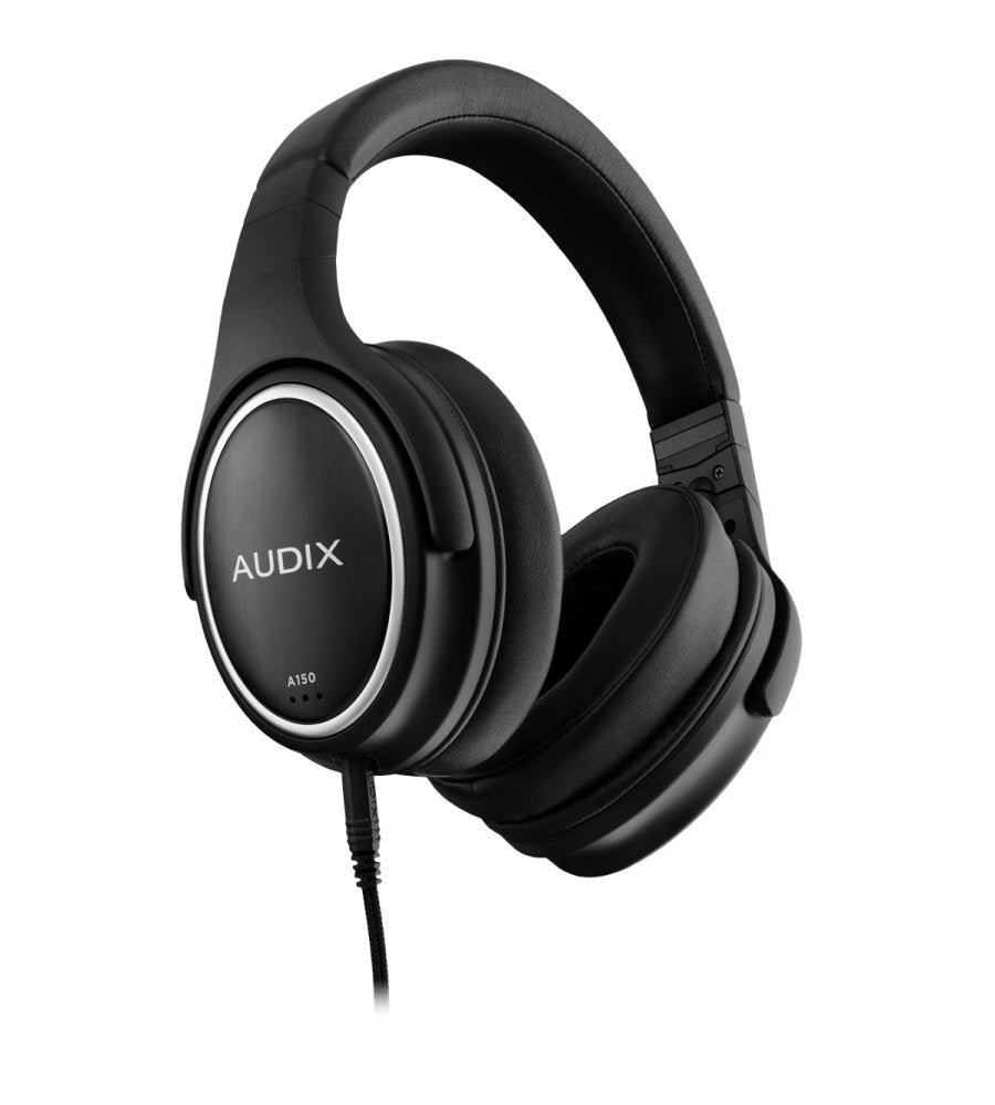 Over-ear black headphones with padded earcups and headband and a wired cable attached.