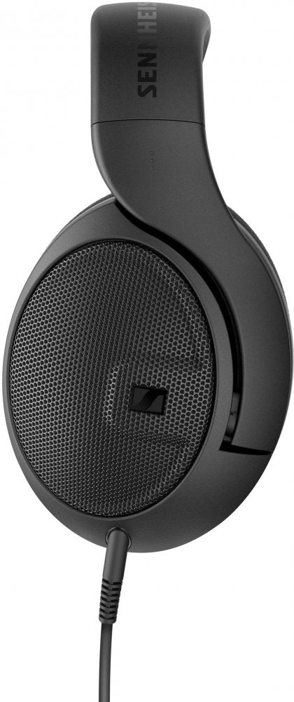Black over-ear headphone with mesh ear cup and attached wired cable.