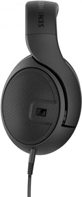 Black over-ear headphone with mesh ear cup and attached wired cable.