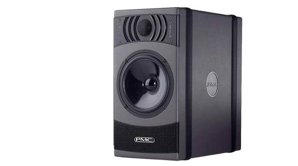 Black studio monitor speaker with visible mid-woofer and tweeter drivers and PMC logo on front and side.