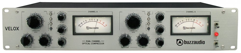 Front panel of a Velox dual channel optical compressor with knobs, VU meters, and power controls.