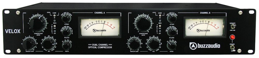 Front panel of a black dual channel optical audio compressor with knobs, switches, and VU meters from Buzz Audio.