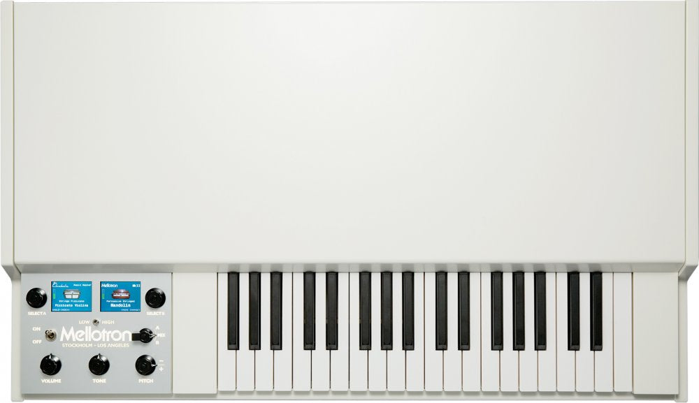 Top view of a white keyboard synthesizer with black and white keys and control panel with knobs and toggle switch.