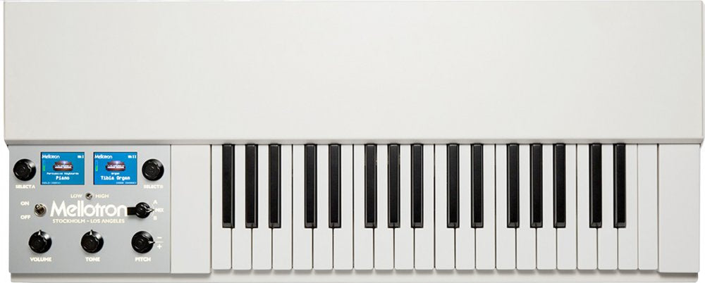 White keyboard synthesizer with 37 keys, two small screens, multiple knobs, and a switch on the left panel.