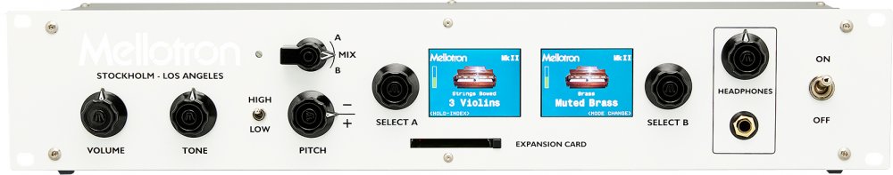 Front panel of a white Mellotron rack unit with knobs, switches, headphone jack, and two blue LCD screens.