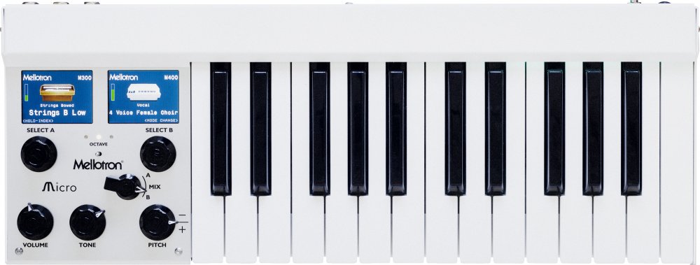 White keyboard synthesizer with 25 keys and control panel featuring two screens and multiple rotary knobs.
