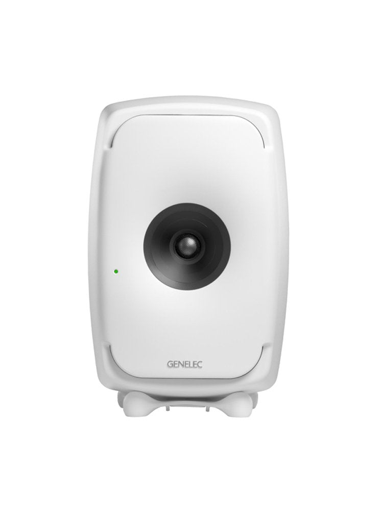 Front view of a white Genelec studio monitor speaker with a black central speaker cone and a green indicator light.