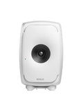 Front view of a white Genelec studio monitor speaker with a black central speaker cone and a green indicator light.