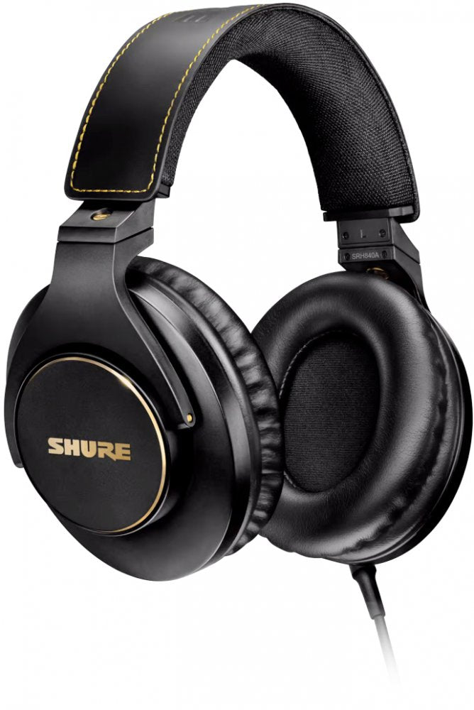 Black over-ear headphones with padded earcups and headband, featuring gold accents and SHURE branding.