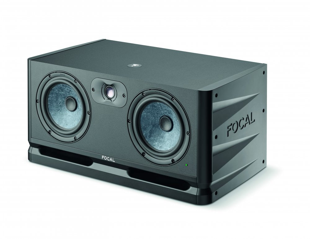 Black rectangular studio monitor speaker with two blue speaker cones and a central tweeter with FOCAL branding.
