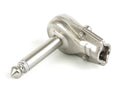 Metallic silver 1/4 inch phone plug adapter angled on white background