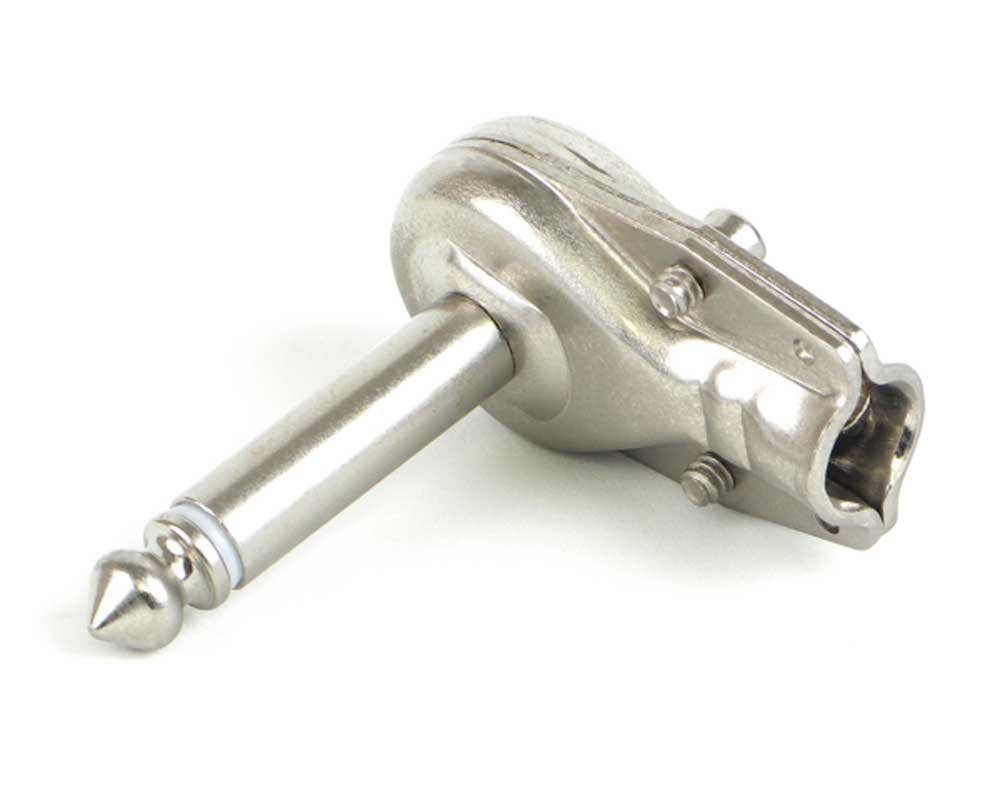 Metallic silver 1/4 inch phone plug adapter angled on white background