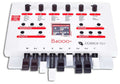 White synthesizer with multiple knobs, buttons, and rocker switches labeled with various sound controls and settings.