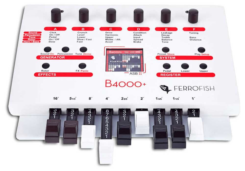 White synthesizer with multiple knobs, buttons, and rocker switches labeled with various sound controls and settings.