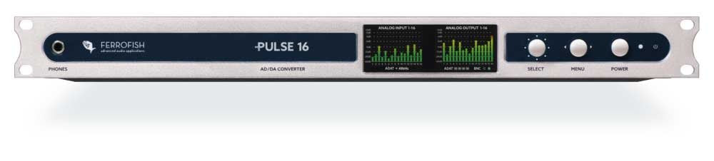 Front panel of Ferrofish Pulse 16 audio converter with headphone jack, knobs, buttons, and LED meters for inputs and outputs.