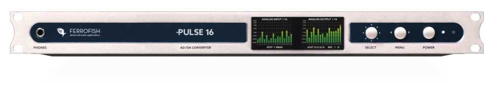 Front panel of Ferrofish Pulse 16 A/D D/A converter with headphone jack, rotary knobs, and LED level meters.