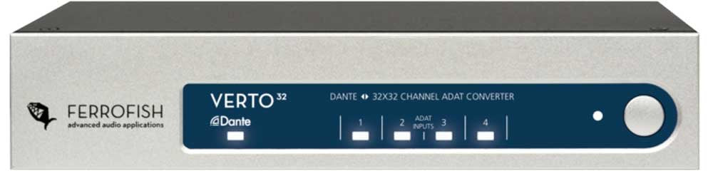 Front panel of a Ferrofish Verto 32 Dante 32x32 channel ADAT converter with indicator lights and a push button.