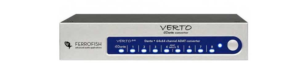 Front panel of a FERROFISH Verto 64 audio converter showing buttons and indicator lights.