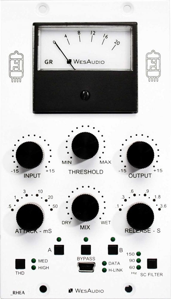 White audio device panel with black knobs, meter, push buttons, and a USB port labeled WesAudio.