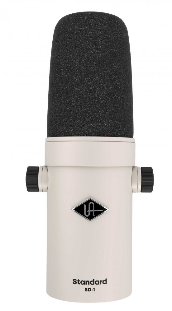White studio microphone with black foam windscreen and two side adjustment knobs