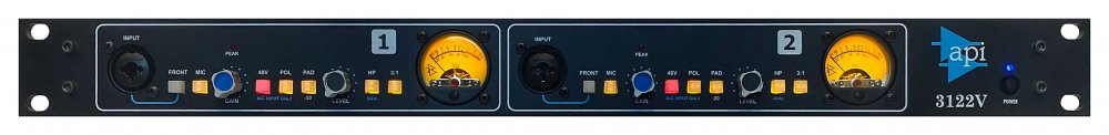 Front panel of an API 3122V dual-channel audio device with input jacks, knobs, switches, and analog meters.