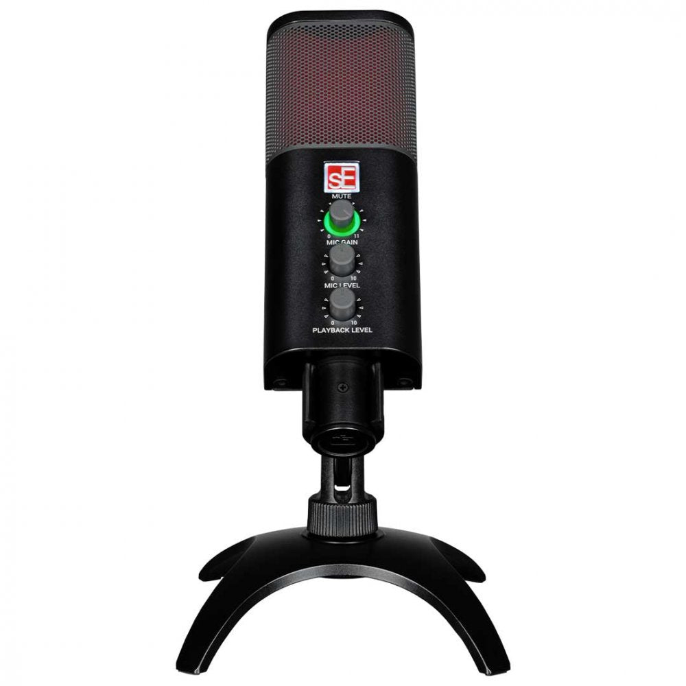 Black studio microphone with red grill and three control knobs mounted on a tripod stand.
