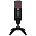 Black studio microphone with red grill and three control knobs mounted on a tripod stand.