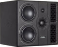 Black studio monitor speaker with two large woofers, a central tweeter, and two honeycomb-patterned bass ports.