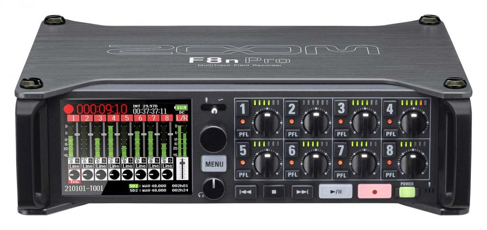 Front view of a Zoom F8n Pro multitrack field recorder with knobs, buttons, and a color display screen.
