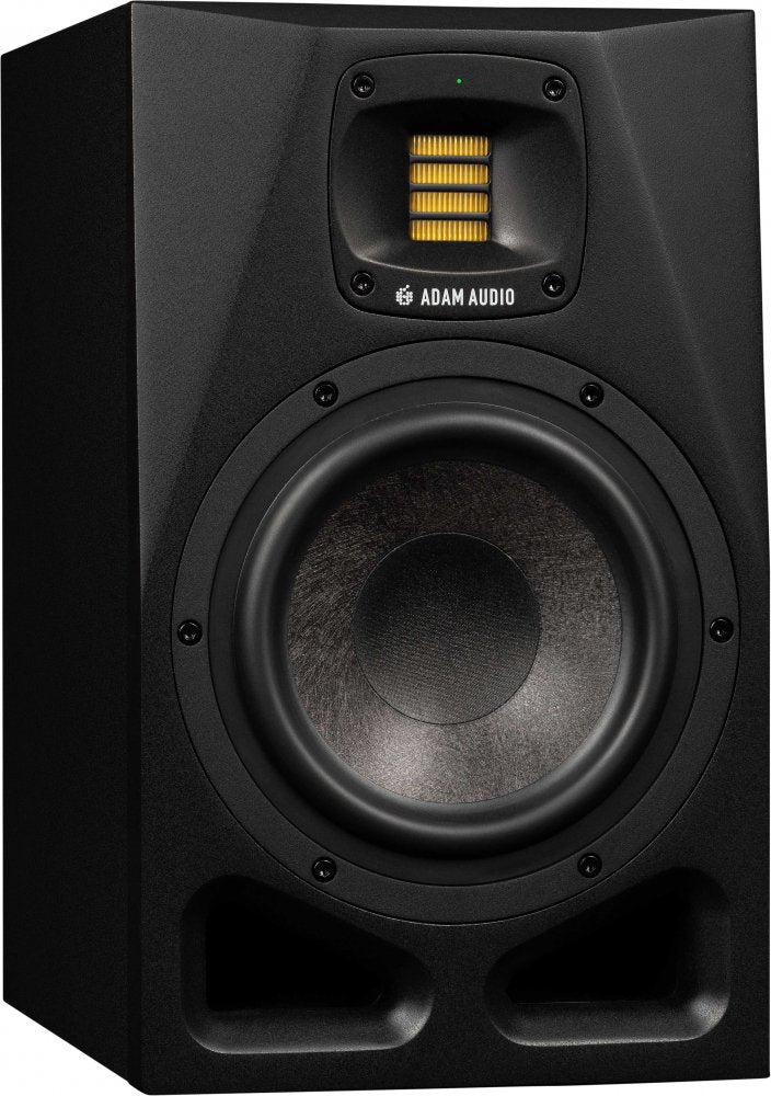 Black studio monitor speaker with yellow accordion-style tweeter and large round woofer on front.