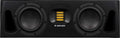 Front view of a black studio monitor speaker with two drivers and a yellow central tweeter labeled ADAM AUDIO.