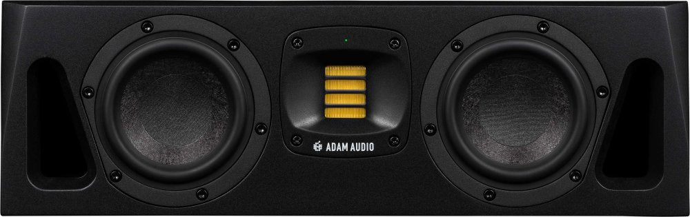 Front view of a black studio monitor speaker with two drivers and a yellow central tweeter labeled ADAM AUDIO.