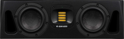 Front view of a black studio monitor speaker with two drivers and a yellow central tweeter labeled ADAM AUDIO.