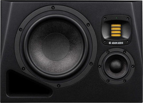 Black studio monitor speaker showing three drivers and a bass reflex port on the front panel.