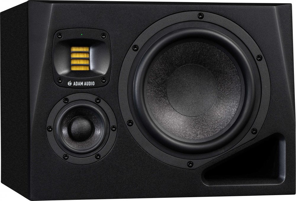 Black studio monitor speaker with three drivers and a front bass reflex port.