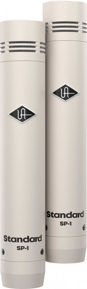 Two light gray microphones with black logos labeled Standard SP-1 shown side by side.