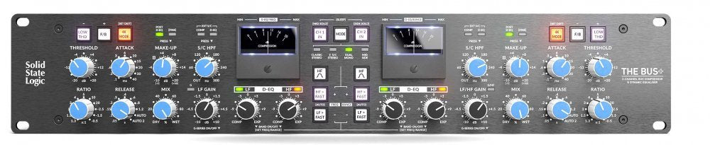 Front panel of an audio rack unit with multiple knobs, switches, meters, and LED indicators.