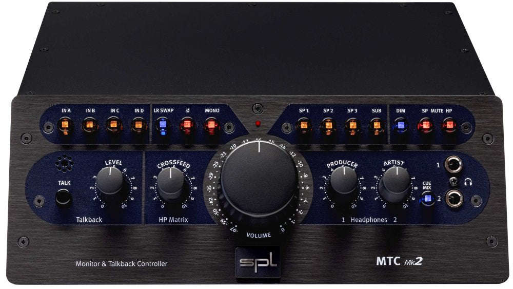 Front panel of a black SPL MTC Mk2 monitor and talkback controller with multiple rotary knobs and switches