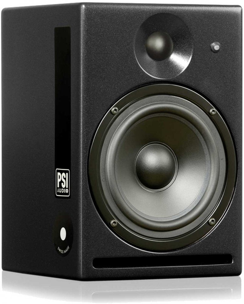 Black studio monitor speaker with large woofer, smaller tweeter, and PSI AUDIO branding.