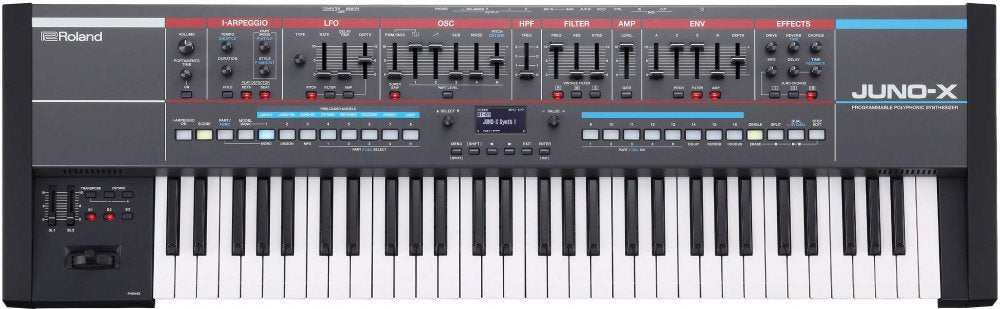 Black Roland JUNO-X programmable polyphonic synthesizer keyboard with various sliders, knobs, and buttons.