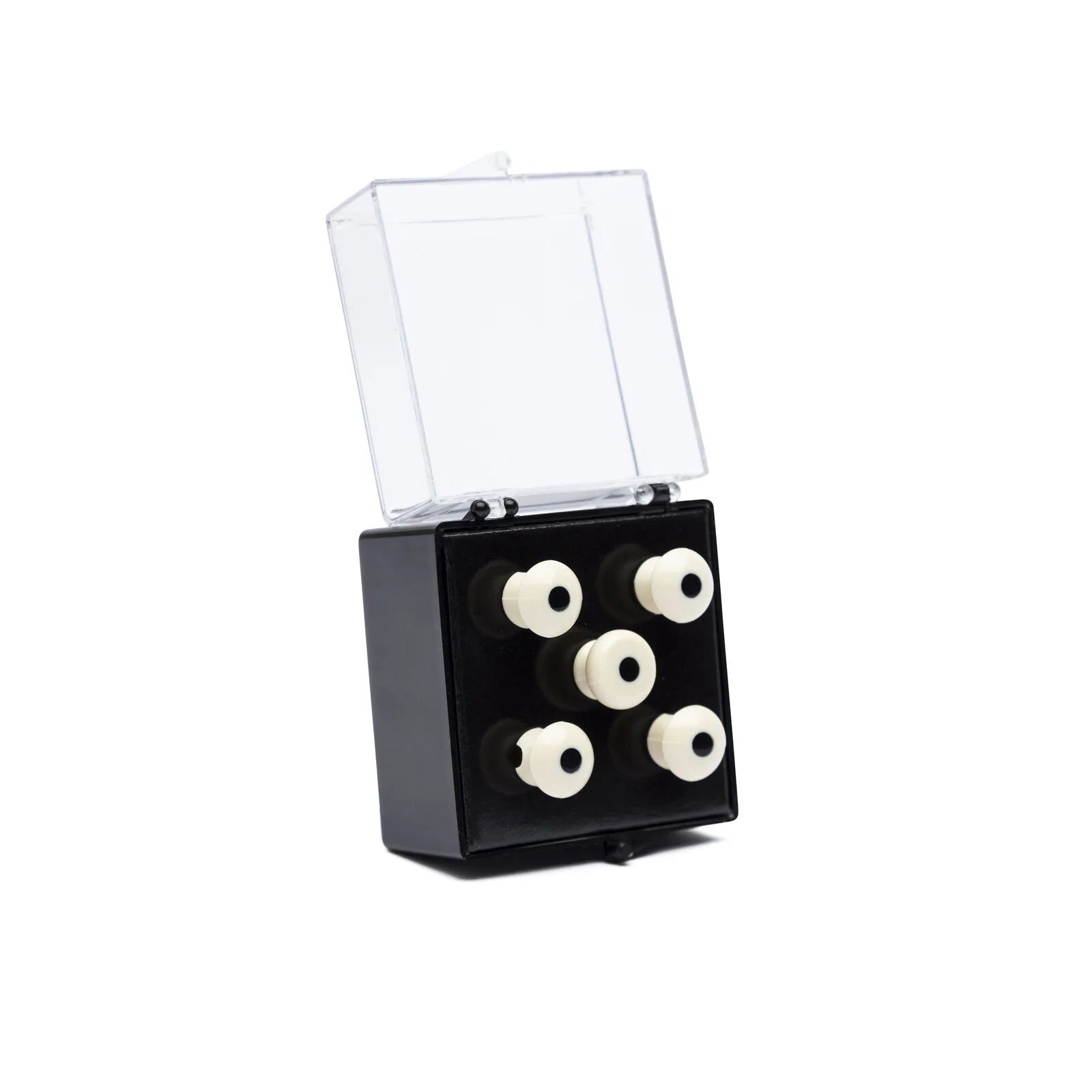 Five white knobs with black centers displayed on a black mount inside a clear hinged plastic box.