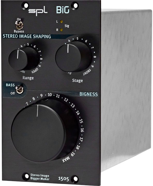 Metal stereo image shaping audio device with knobs and toggle switches labeled for range, stage, and bass control.