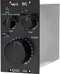 Metal stereo image shaping audio device with knobs and toggle switches labeled for range, stage, and bass control.
