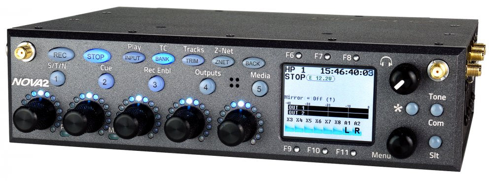 Front view of a black audio mixer device with buttons, knobs, screen, and antenna connectors on each side.