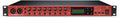 Front panel of a Focusrite Clarett+ OctoPre audio interface with eight input knobs, connectors, and LED meters.
