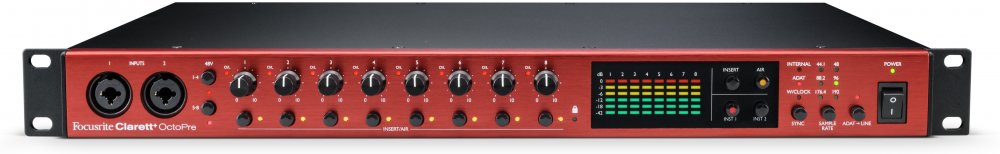 Front panel of a Focusrite Clarett+ OctoPre audio interface with eight input knobs, connectors, and LED meters.