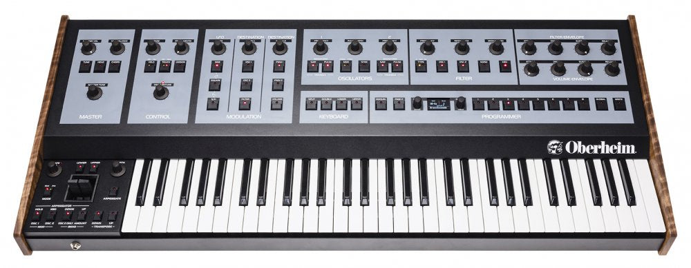 Black and gray synthesizer keyboard with wooden side panels, multiple controls, and 37 keys.