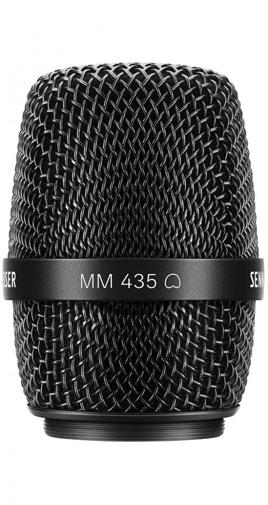 Close-up front view of a black metal mesh microphone grille labeled MM 435 by Sennheiser.